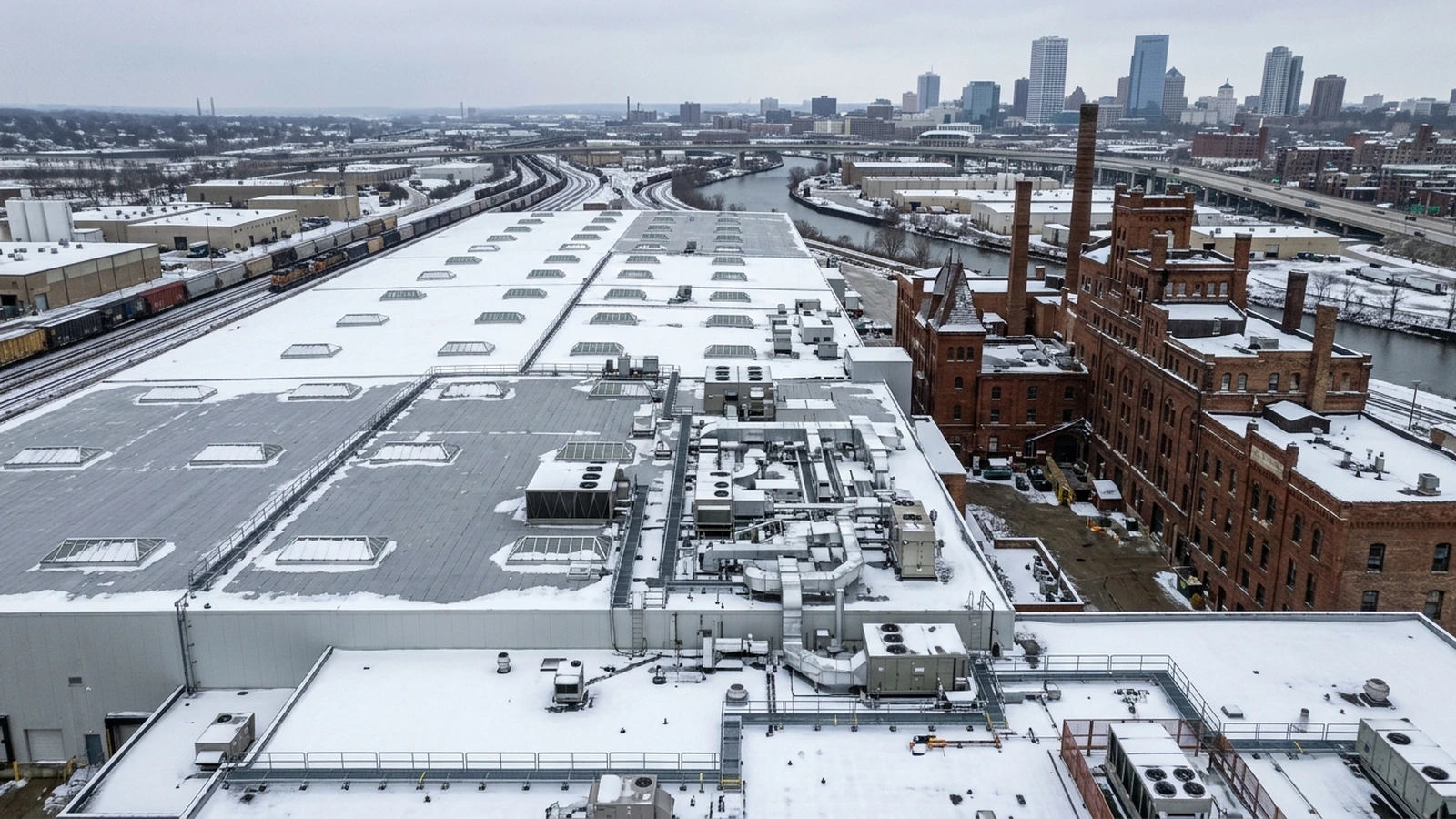 Aerial view of an industrial flat-roof warehouse in Milwaukee with skylights and solar array mounts