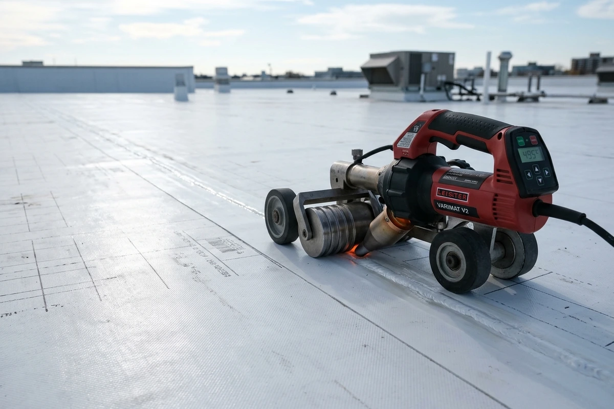 Robotic hot-air welding of a reflective white TPO commercial roof membrane in Milwaukee